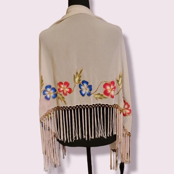 Surface Accessories - White Sheer Shaw with Floral Design and Tassels. Surface brand